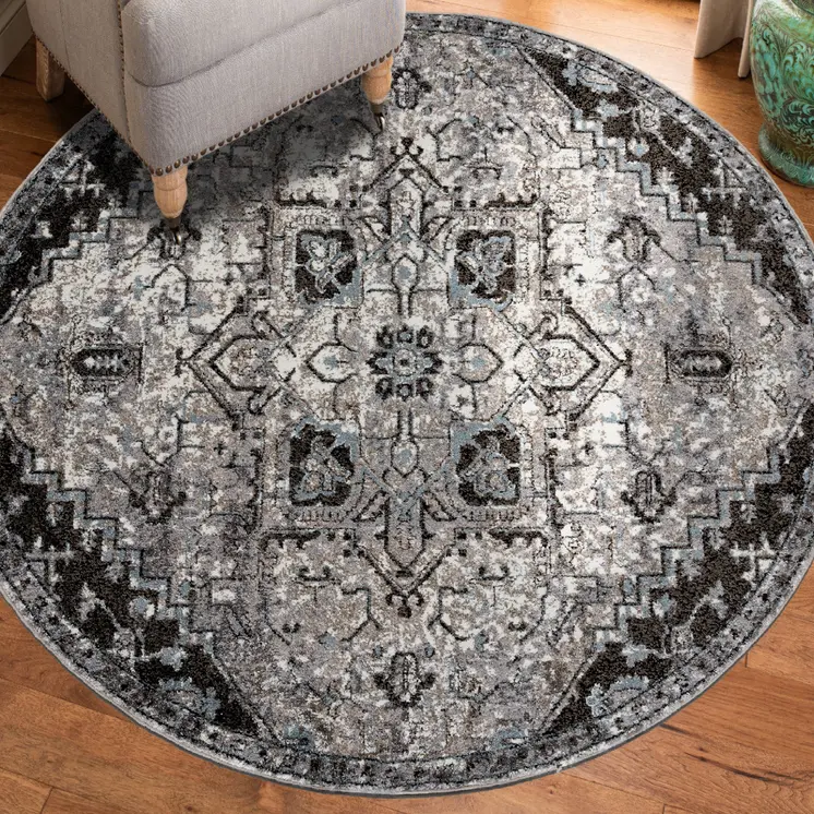 6' Black And Gray Medallion Round Rug