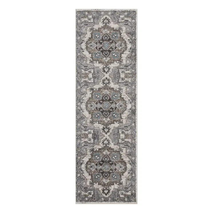 6' Ivory Taupe and Gray Medallion Power Loom Runner Rug