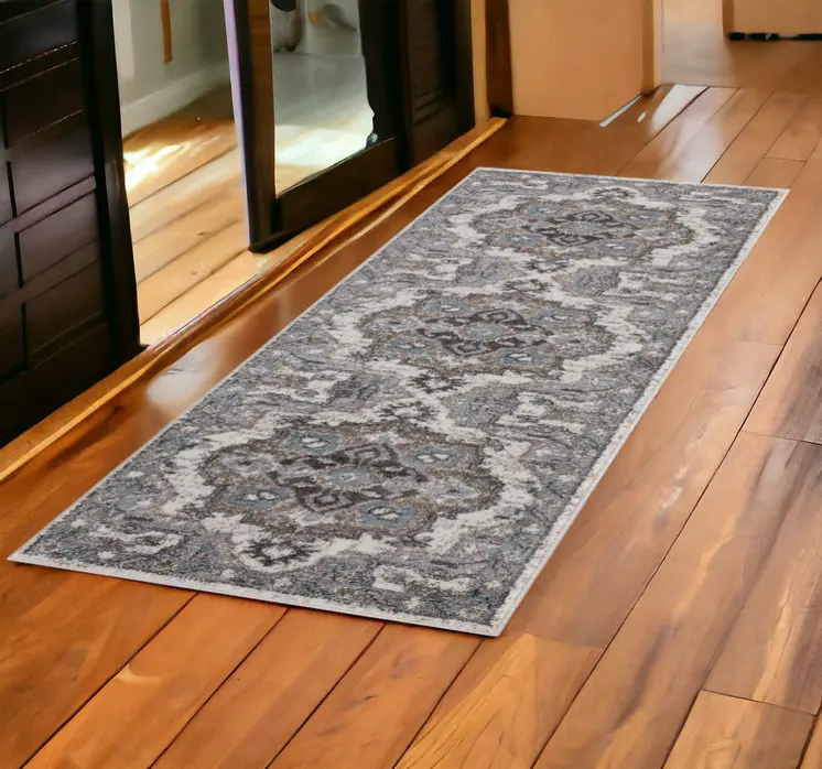 6' Ivory Taupe and Gray Medallion Power Loom Runner Rug