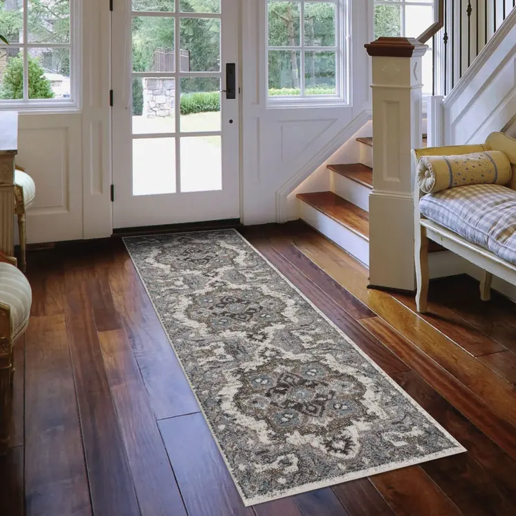 6' Ivory Taupe and Gray Medallion Power Loom Runner Rug