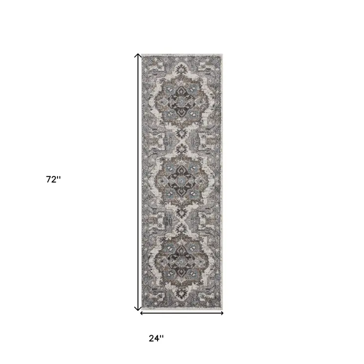 6' Ivory Taupe and Gray Medallion Power Loom Runner Rug