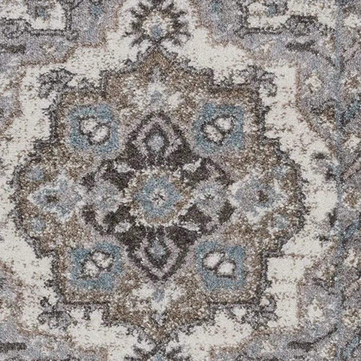 6' Ivory Taupe and Gray Medallion Power Loom Runner Rug