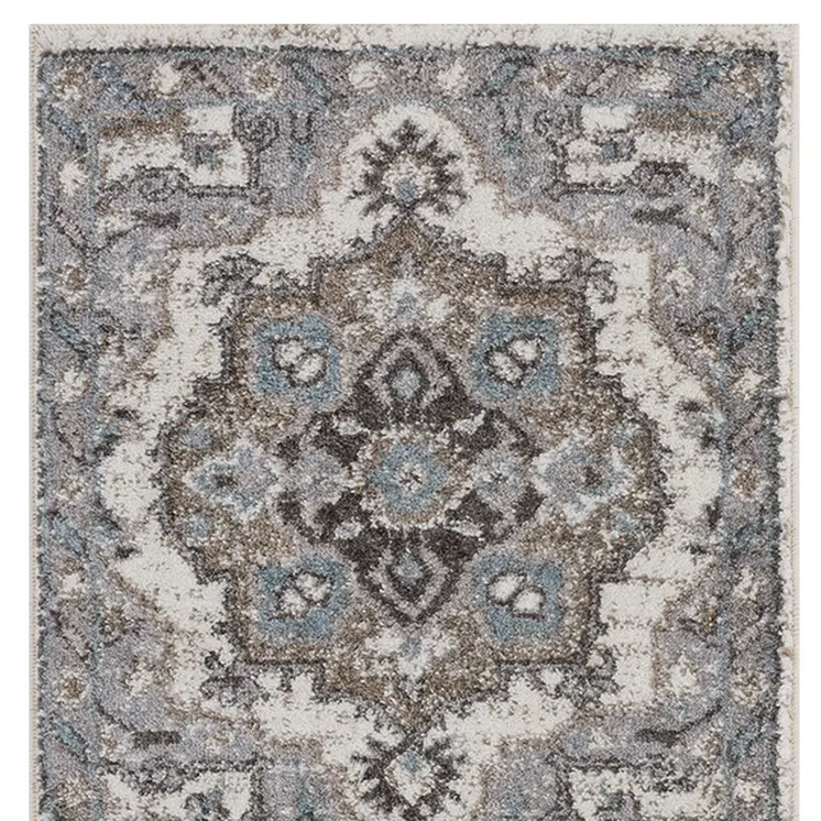 6' Ivory Taupe and Gray Medallion Power Loom Runner Rug
