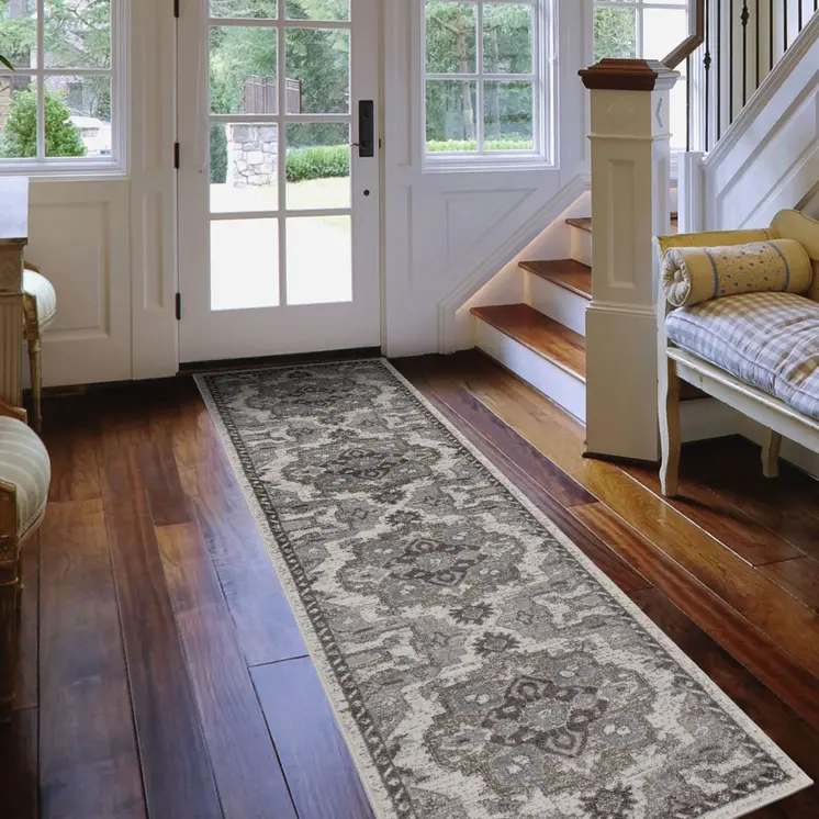 10' Ivory Taupe and Gray Medallion Power Loom Runner Rug