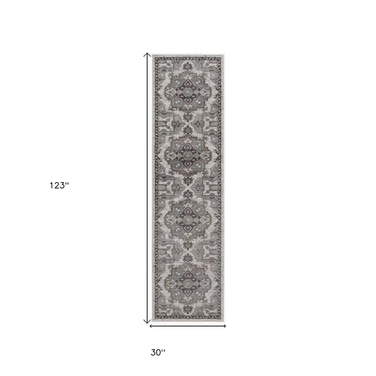 10' Ivory Taupe and Gray Medallion Power Loom Runner Rug