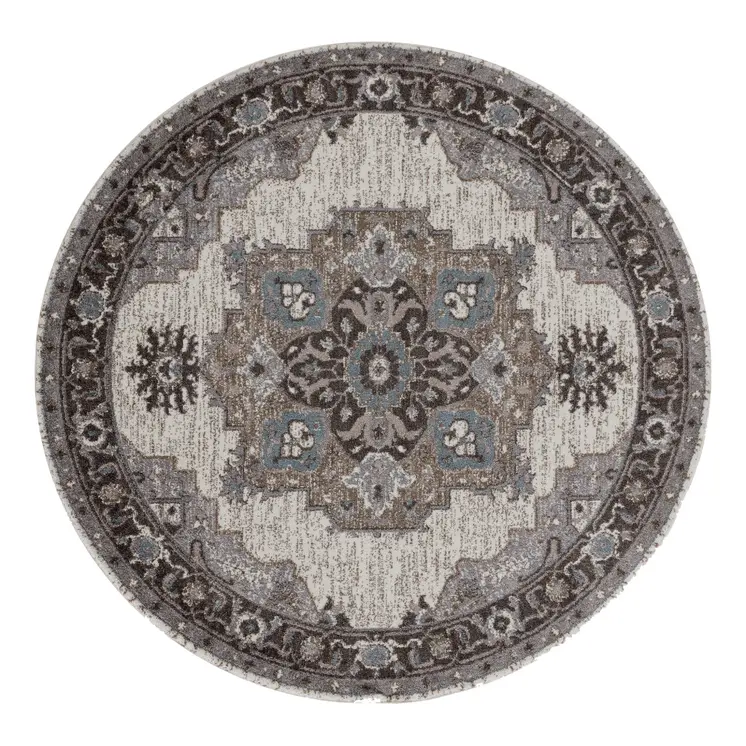6' Ivory Taupe and Gray Medallion Power Loom Round Rug