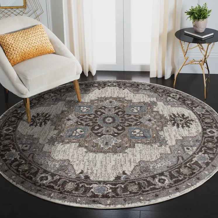 6' Ivory Taupe and Gray Medallion Power Loom Round Rug