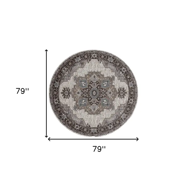 6' Ivory Taupe and Gray Medallion Power Loom Round Rug