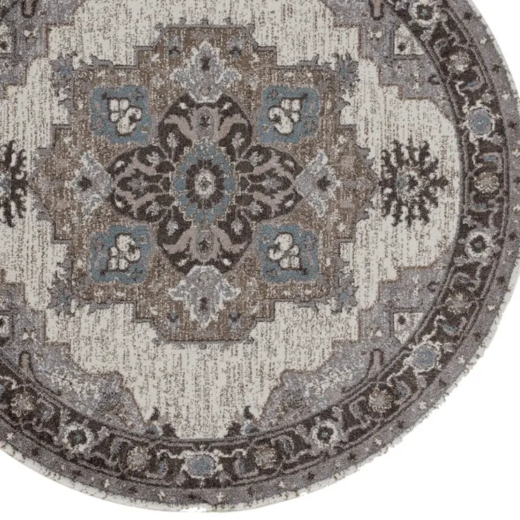 6' Ivory Taupe and Gray Medallion Power Loom Round Rug