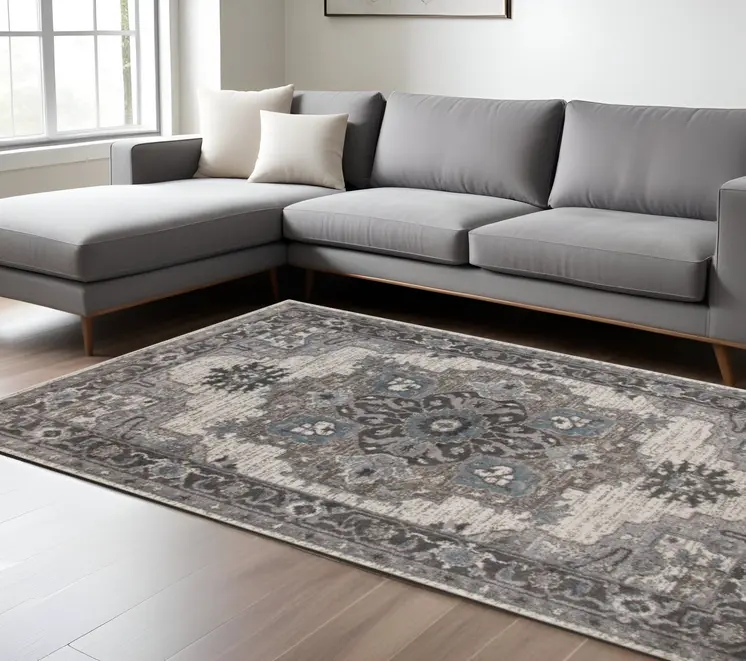8' X 10' Ivory Taupe and Gray Medallion Power Loom Area Rug