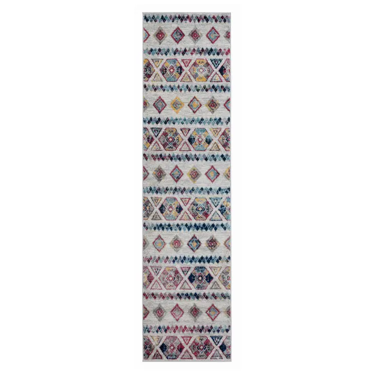 10' Ivory Blue and Orange Geometric Power Loom Runner Rug