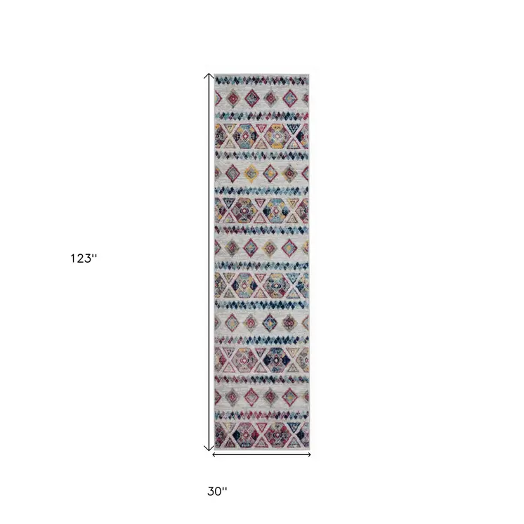 10' Ivory Blue and Orange Geometric Power Loom Runner Rug