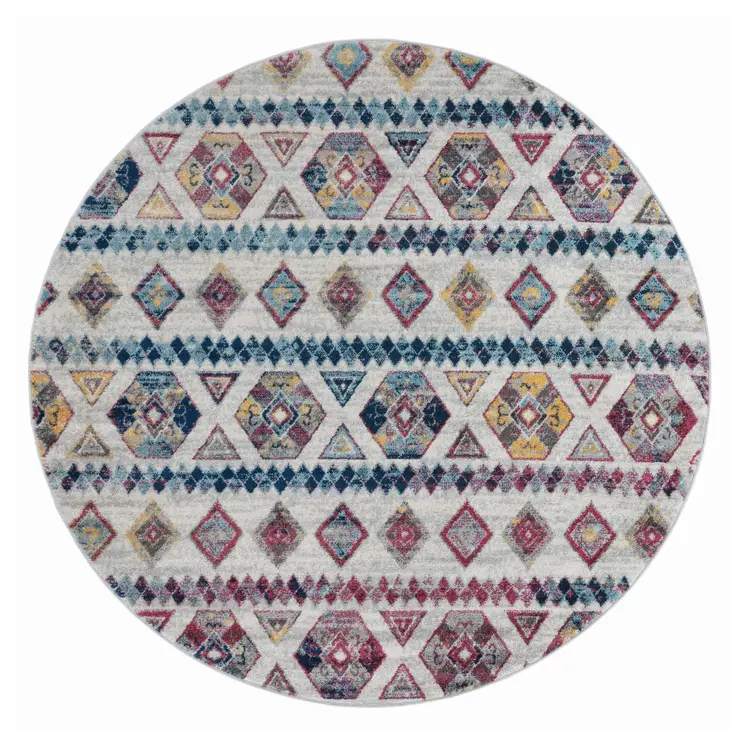 6' Ivory Blue and Orange Geometric Power Loom Round Rug