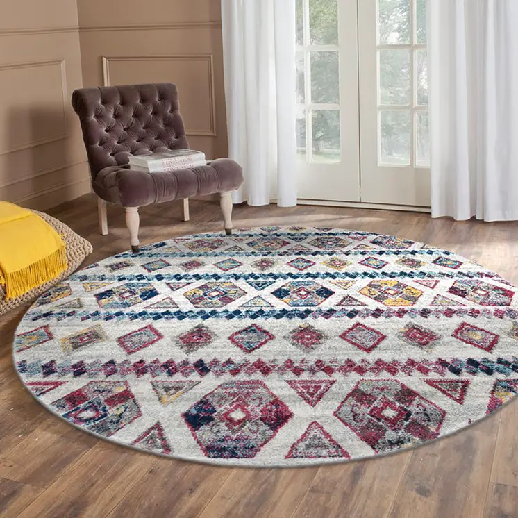 6' Ivory Blue and Orange Geometric Power Loom Round Rug