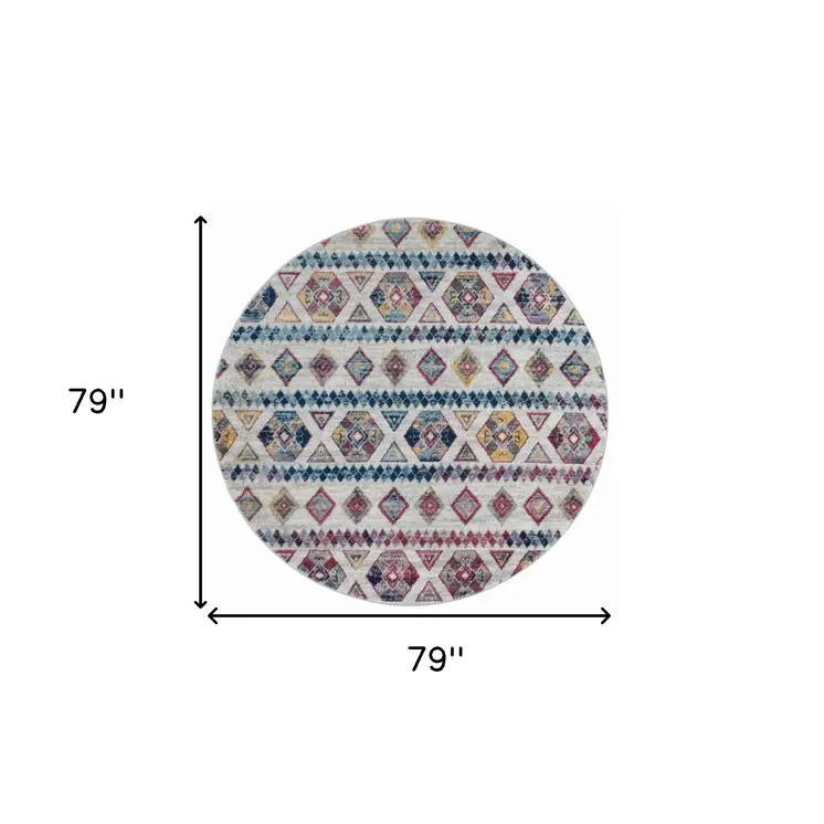 6' Ivory Blue and Orange Geometric Power Loom Round Rug