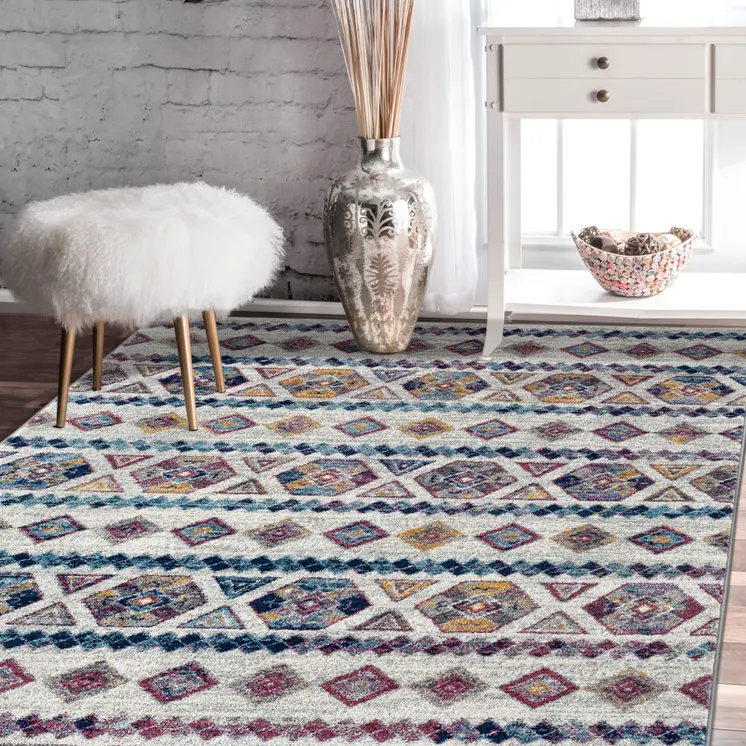 9' X 12' Ivory Blue and Orange Geometric Power Loom Area Rug