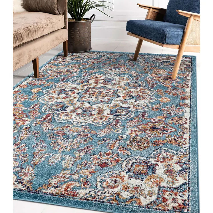 4' X 6' Ivory Blue and Orange Medallion Power Loom Area Rug