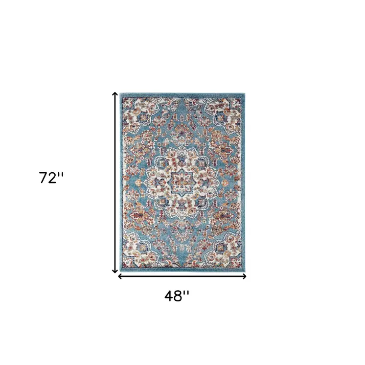 4' X 6' Ivory Blue and Orange Medallion Power Loom Area Rug