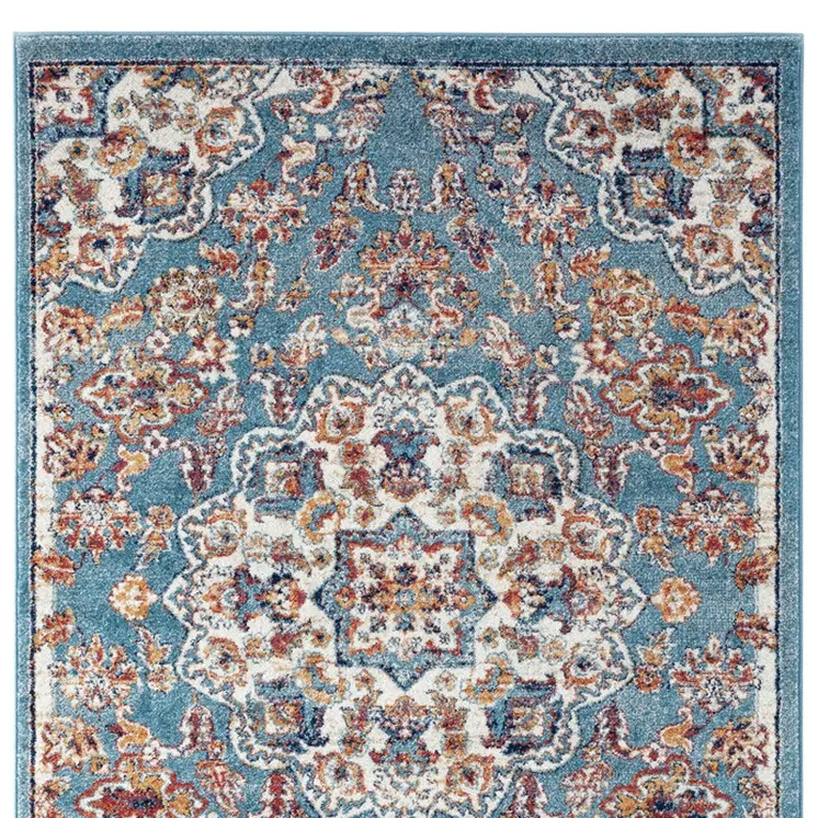 5' X 8' Ivory Blue and Orange Medallion Power Loom Area Rug