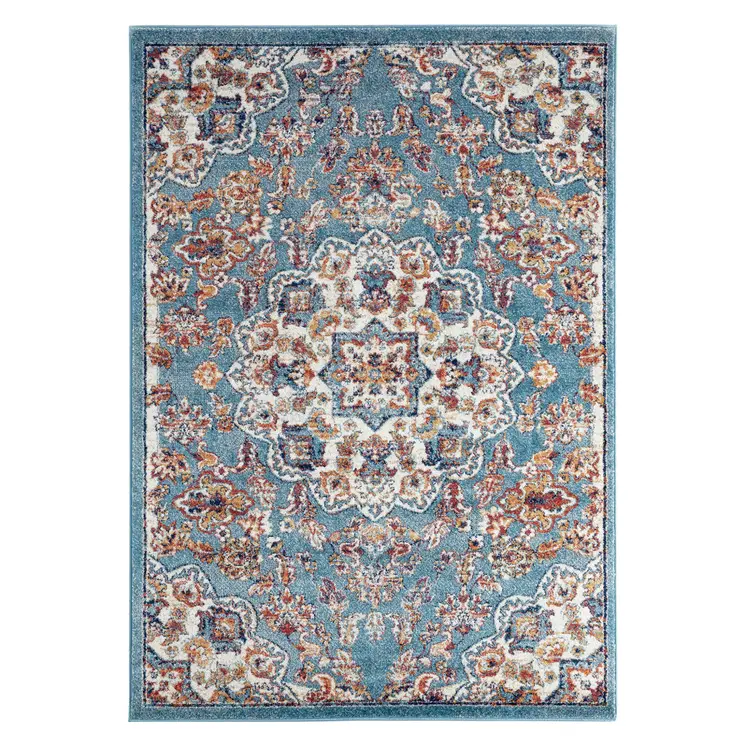 5' X 8' Ivory Blue and Orange Medallion Power Loom Area Rug