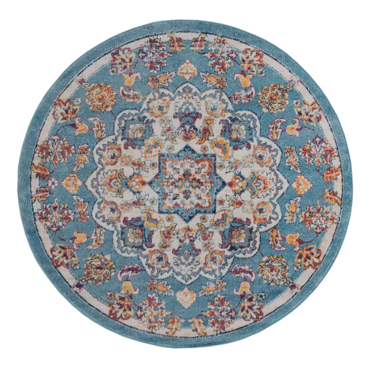 6' Ivory Blue and Orange Medallion Power Loom Round Rug