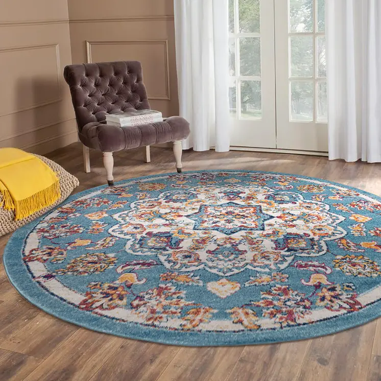 6' Ivory Blue and Orange Medallion Power Loom Round Rug