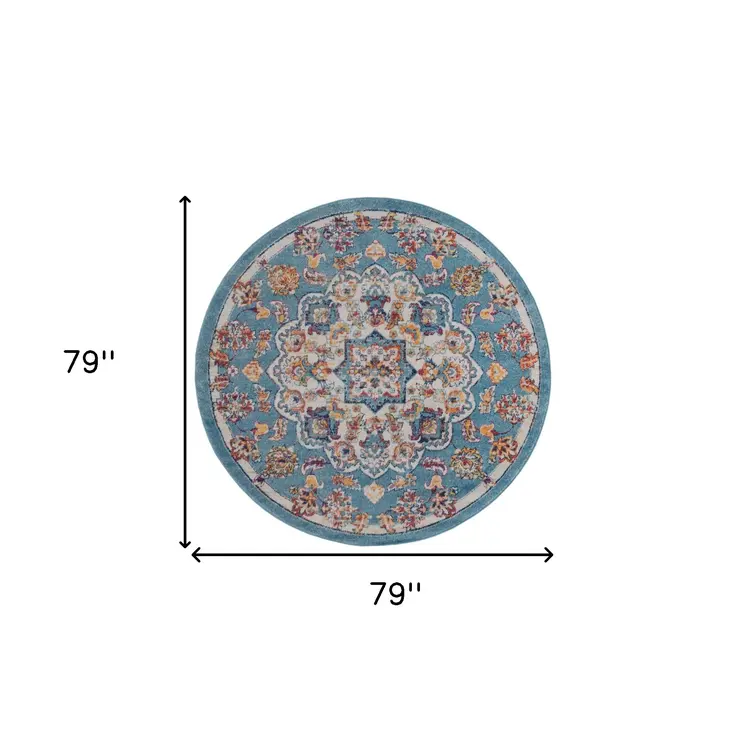 6' Ivory Blue and Orange Medallion Power Loom Round Rug