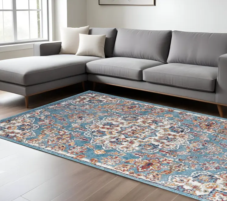 8' X 10' Ivory Blue and Orange Medallion Power Loom Area Rug