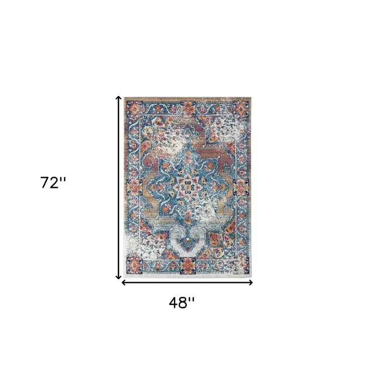 4' X 6' Blue Red and Orange Medallion Power Loom Area Rug