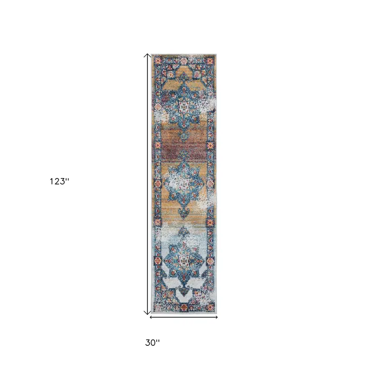 10' Blue Red and Orange Medallion Power Loom Runner Rug