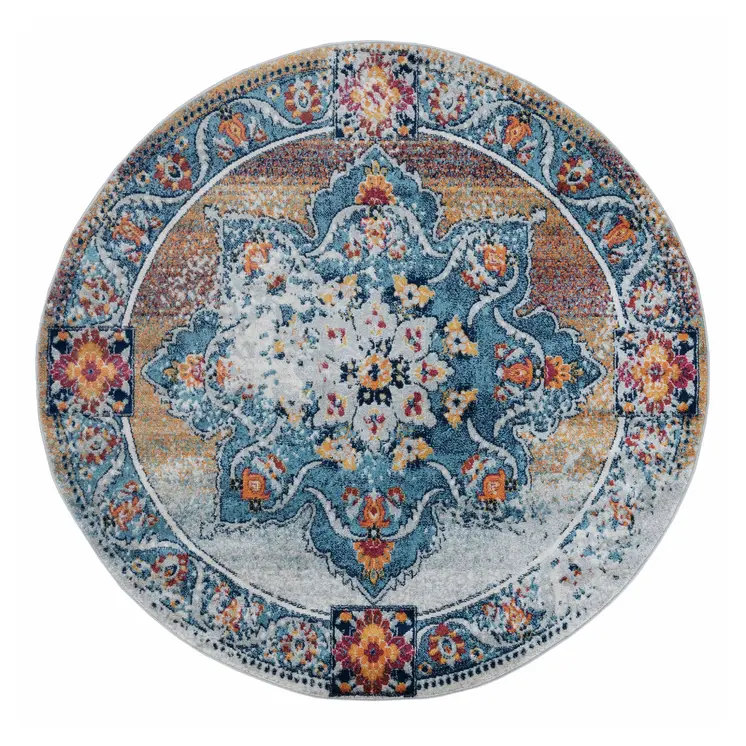 6' Blue Red and Orange Medallion Power Loom Round Rug