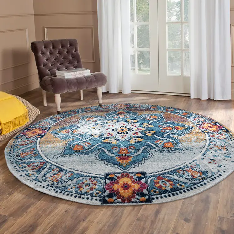 6' Blue Red and Orange Medallion Power Loom Round Rug