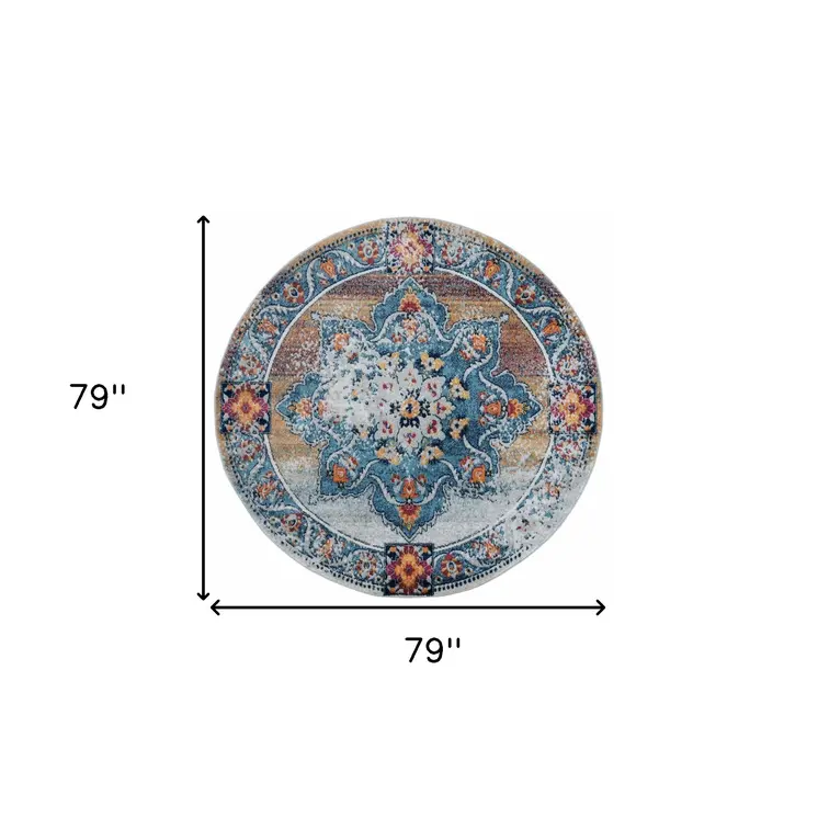 6' Blue Red and Orange Medallion Power Loom Round Rug