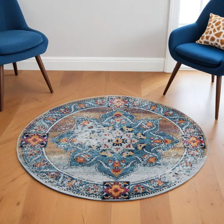 6' Blue Red and Orange Medallion Power Loom Round Rug
