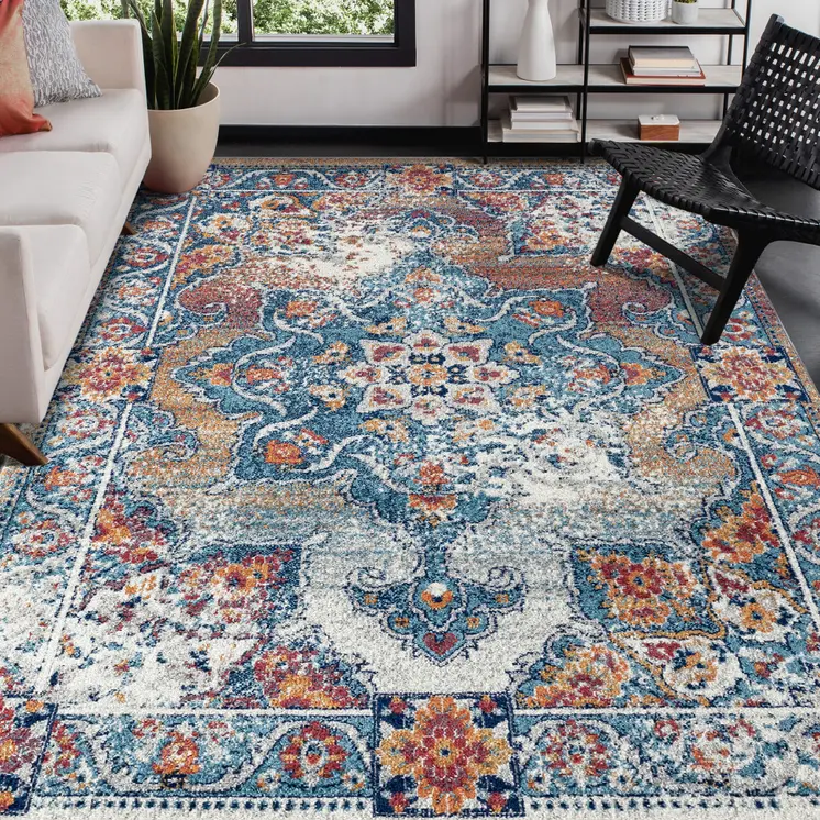 8' X 10' Blue Red and Orange Medallion Power Loom Area Rug