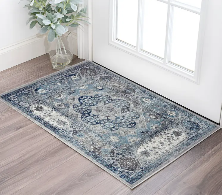 2' X 3' Ivory Blue And Gray Medallion Area Rug