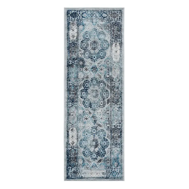 6' Ivory Blue And Gray Medallion Runner Rug
