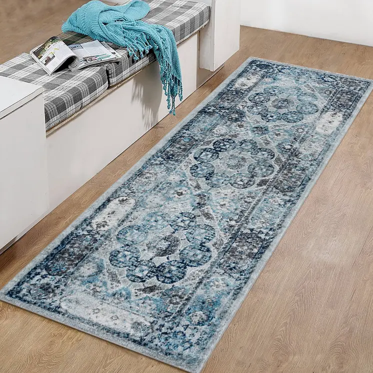 6' Ivory Blue And Gray Medallion Runner Rug