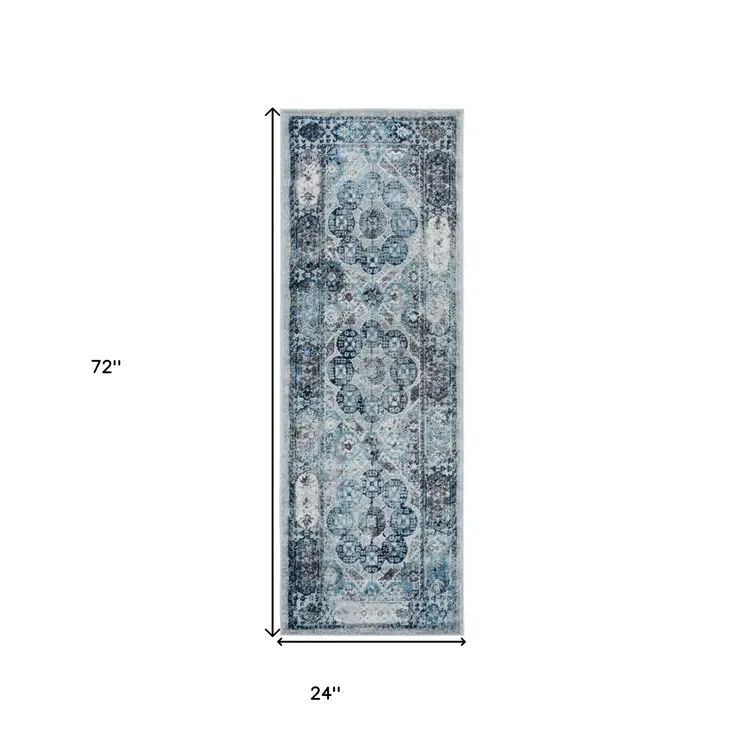6' Ivory Blue And Gray Medallion Runner Rug