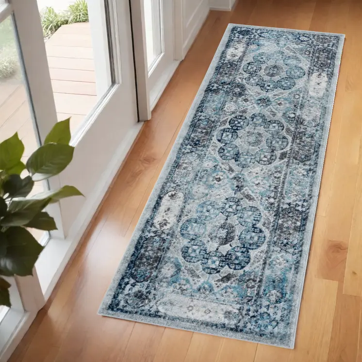 6' Ivory Blue And Gray Medallion Runner Rug
