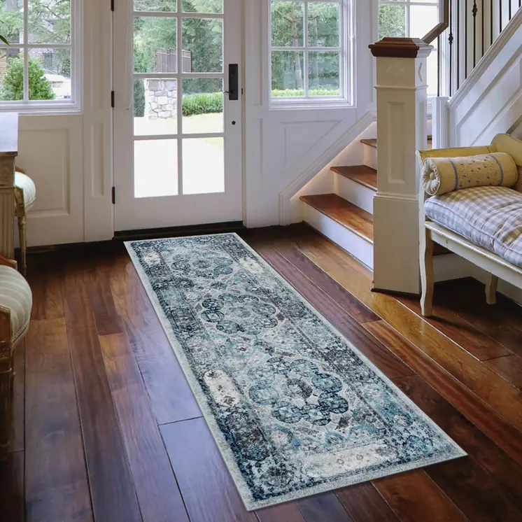 10' Ivory Blue And Gray Medallion Runner Rug