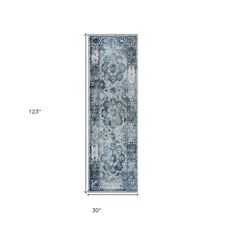 10' Ivory Blue And Gray Medallion Runner Rug