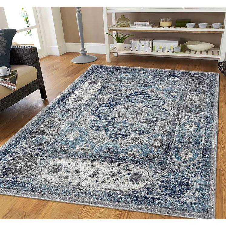 5' X 8' Ivory Blue And Gray Medallion Area Rug