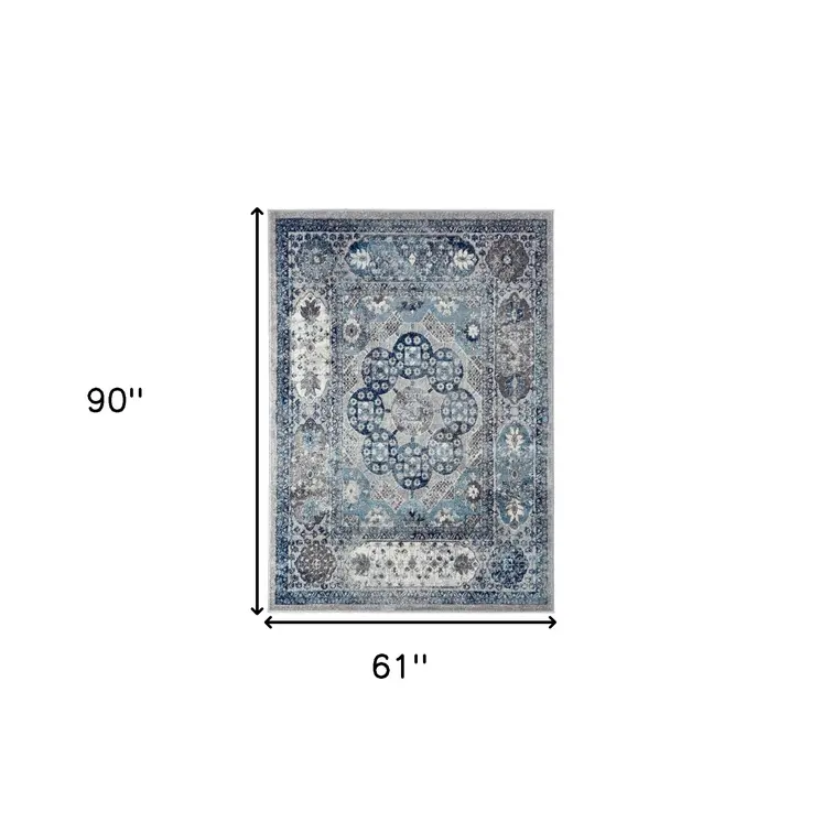 5' X 8' Ivory Blue And Gray Medallion Area Rug