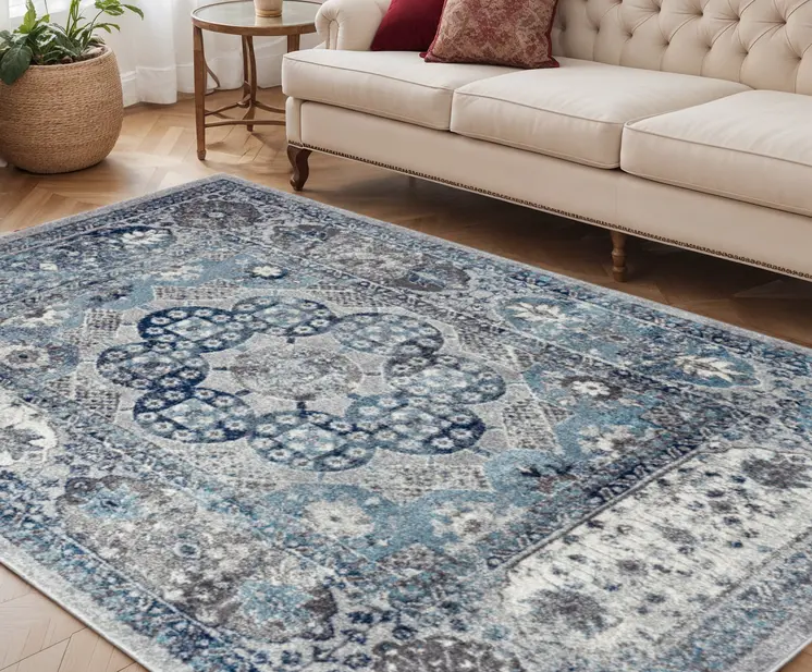 5' X 8' Ivory Blue And Gray Medallion Area Rug
