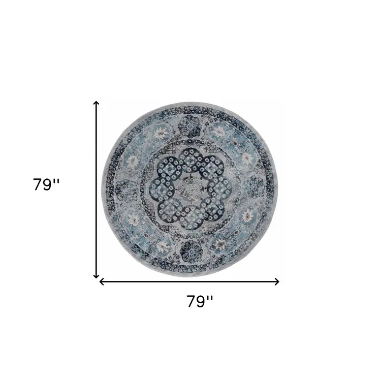 6' Ivory Blue And Gray Medallion Round Rug