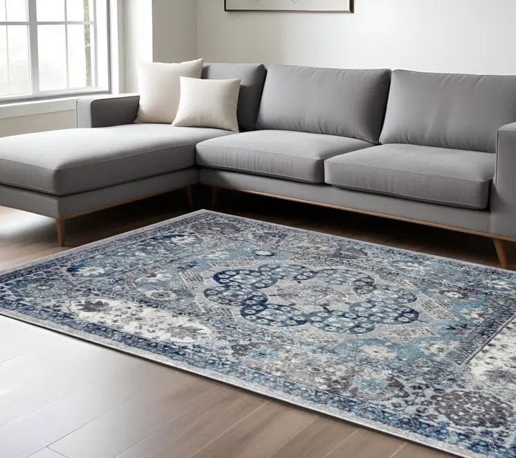 9' X 12' Ivory Blue And Gray Medallion Area Rug