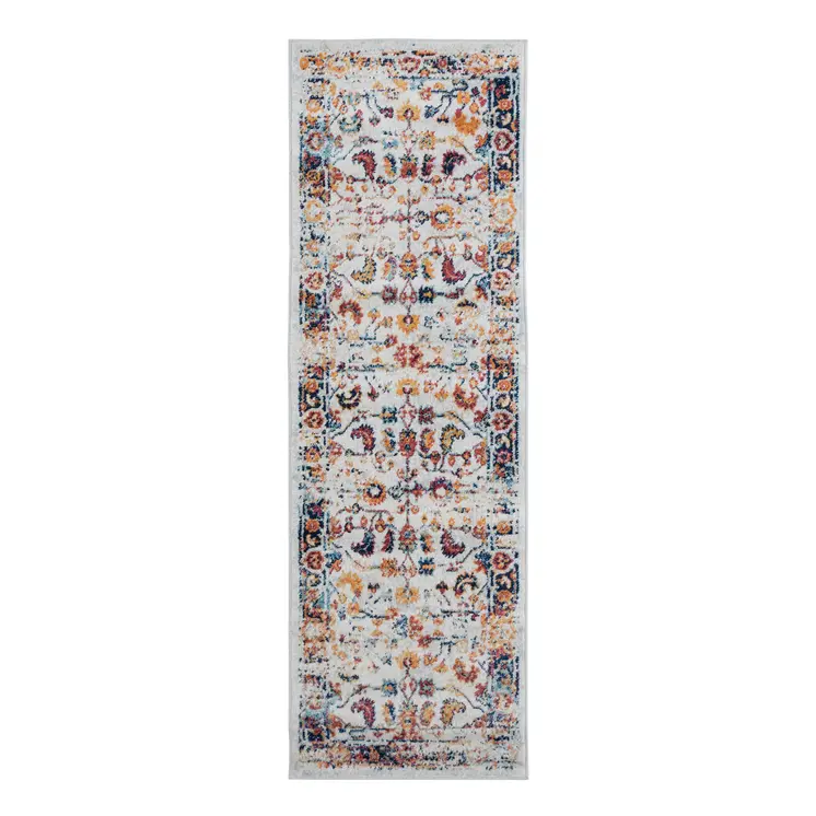 6' Ivory Navy and Orange Floral Power Loom Runner Rug