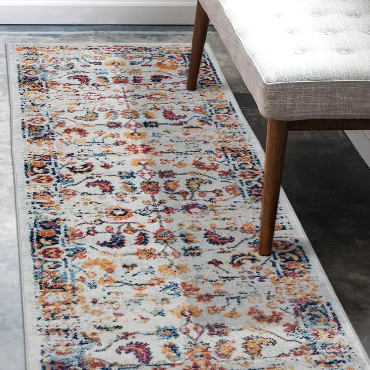 6' Ivory Navy and Orange Floral Power Loom Runner Rug