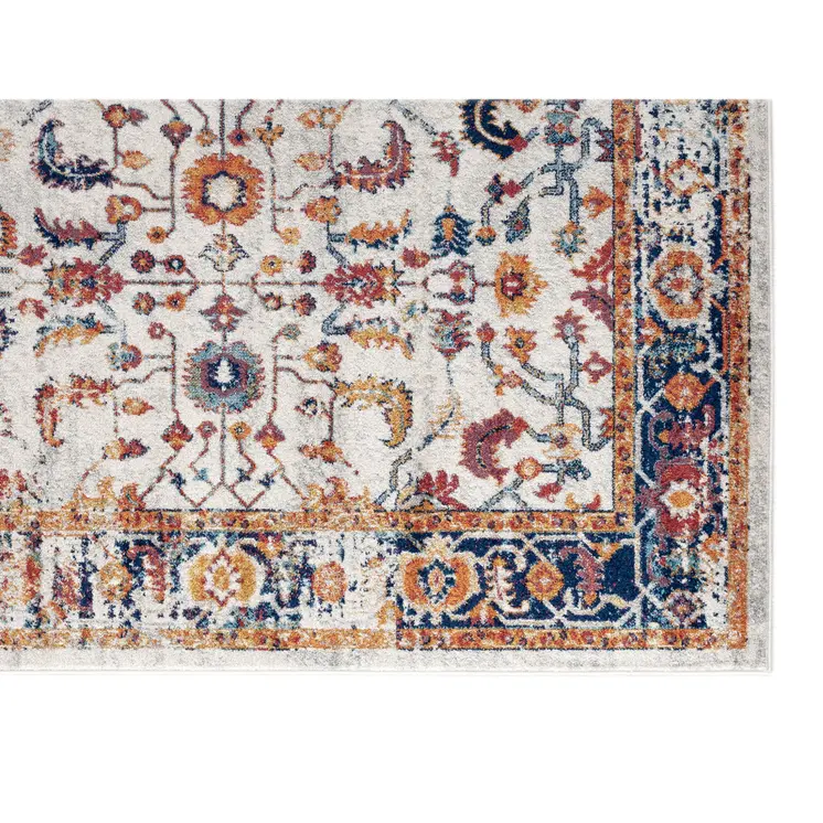 6' Ivory Navy and Orange Floral Power Loom Runner Rug